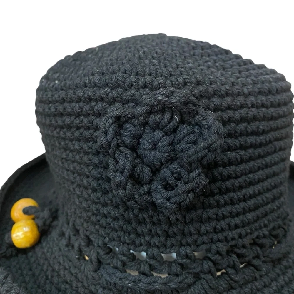 Rico International Women size Small Black Crochet Knit Hat Flower Bead Detail